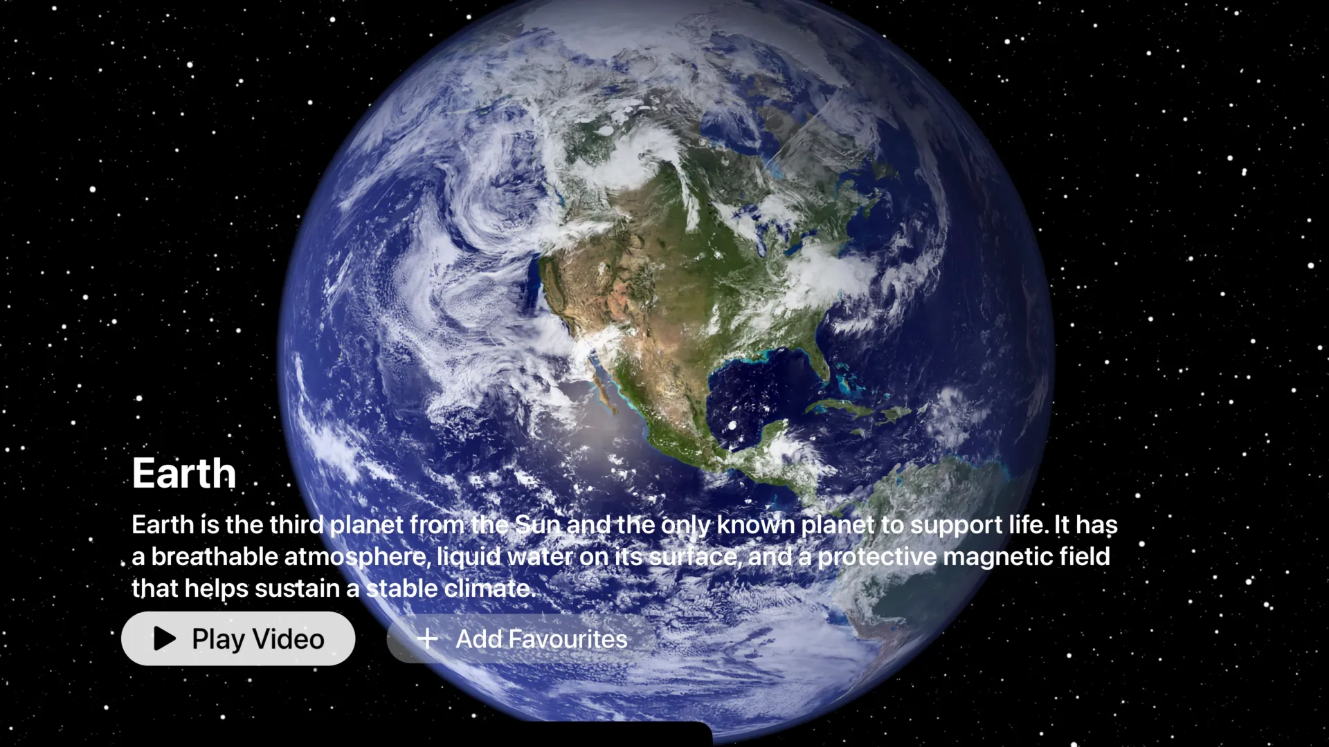 Planet view: Earth. Each planet has an overview page with a video and photo gallery.